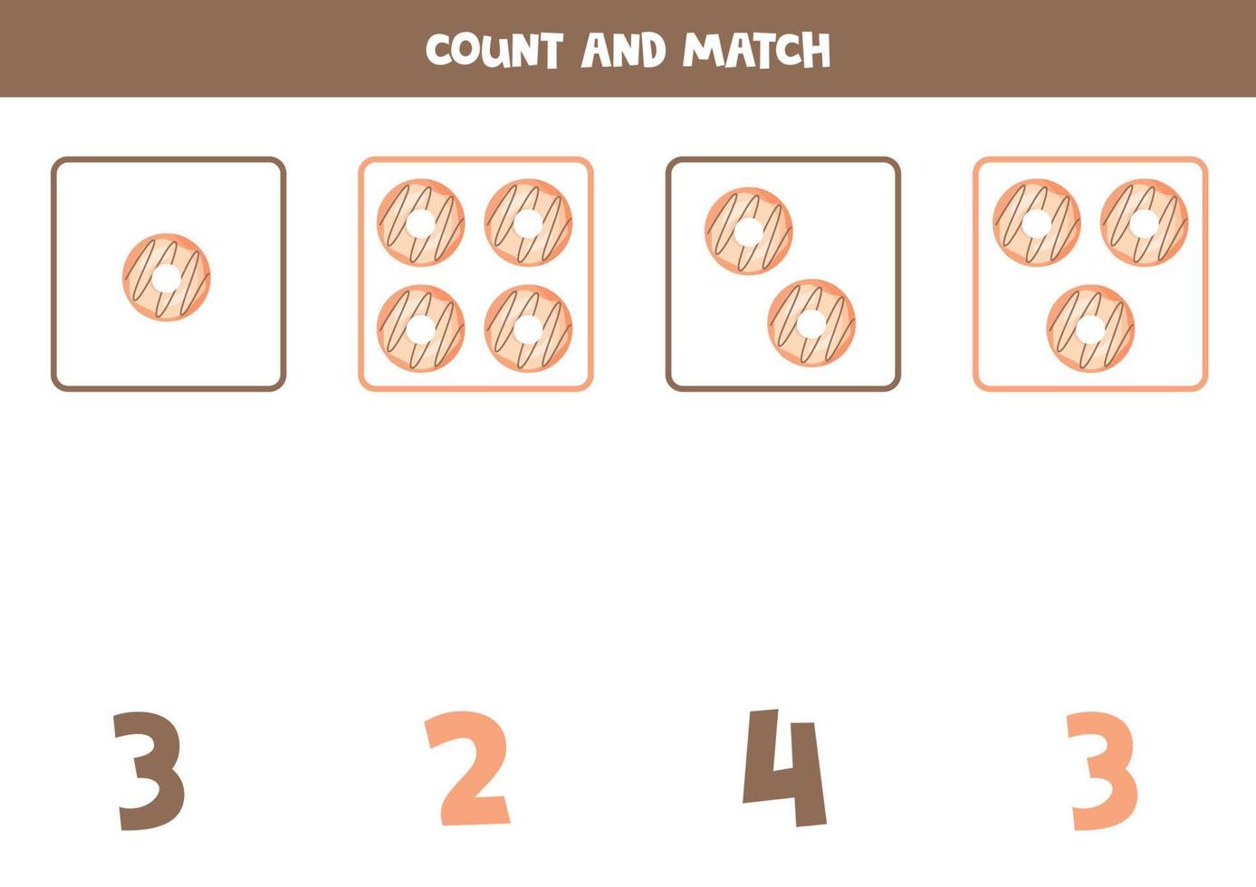 tellen spel voor kinderen. tellen allemaal donuts en bij elkaar passen met nummers. werkblad voor kinderen. vector