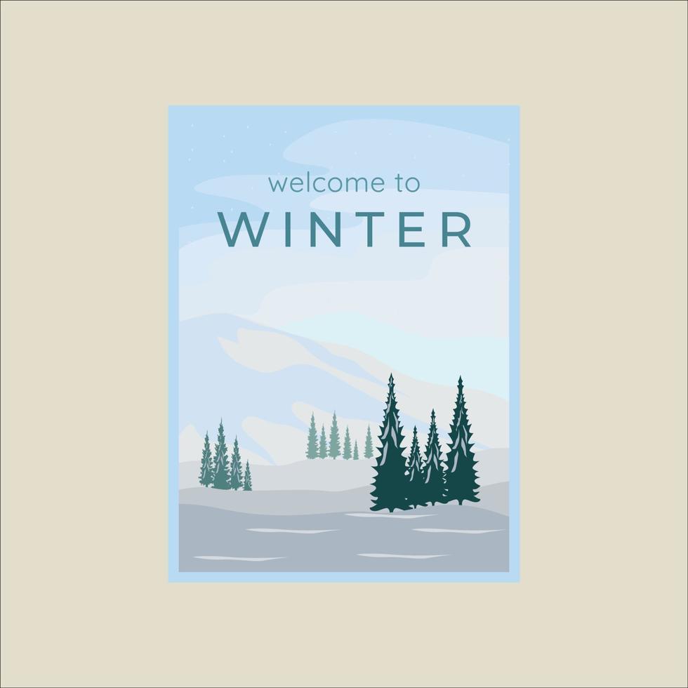 winter sneeuw landschap poster vector illustratie sjabloon grafisch ontwerp. dennen en berg Bij besneeuwd landschap natuur avontuur buitenshuis banier