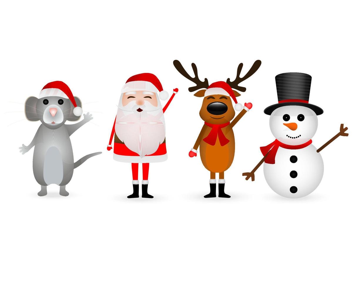 de kerstman claus, Kerstmis rendier met een sneeuwman en een muis Aan een wit vector