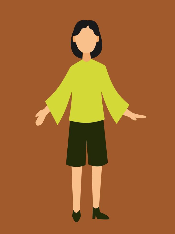 meisje met zwart kort haar- staand met een gewoontjes looks geconfronteerd voorkant vlak vector illustratie element sjabloon