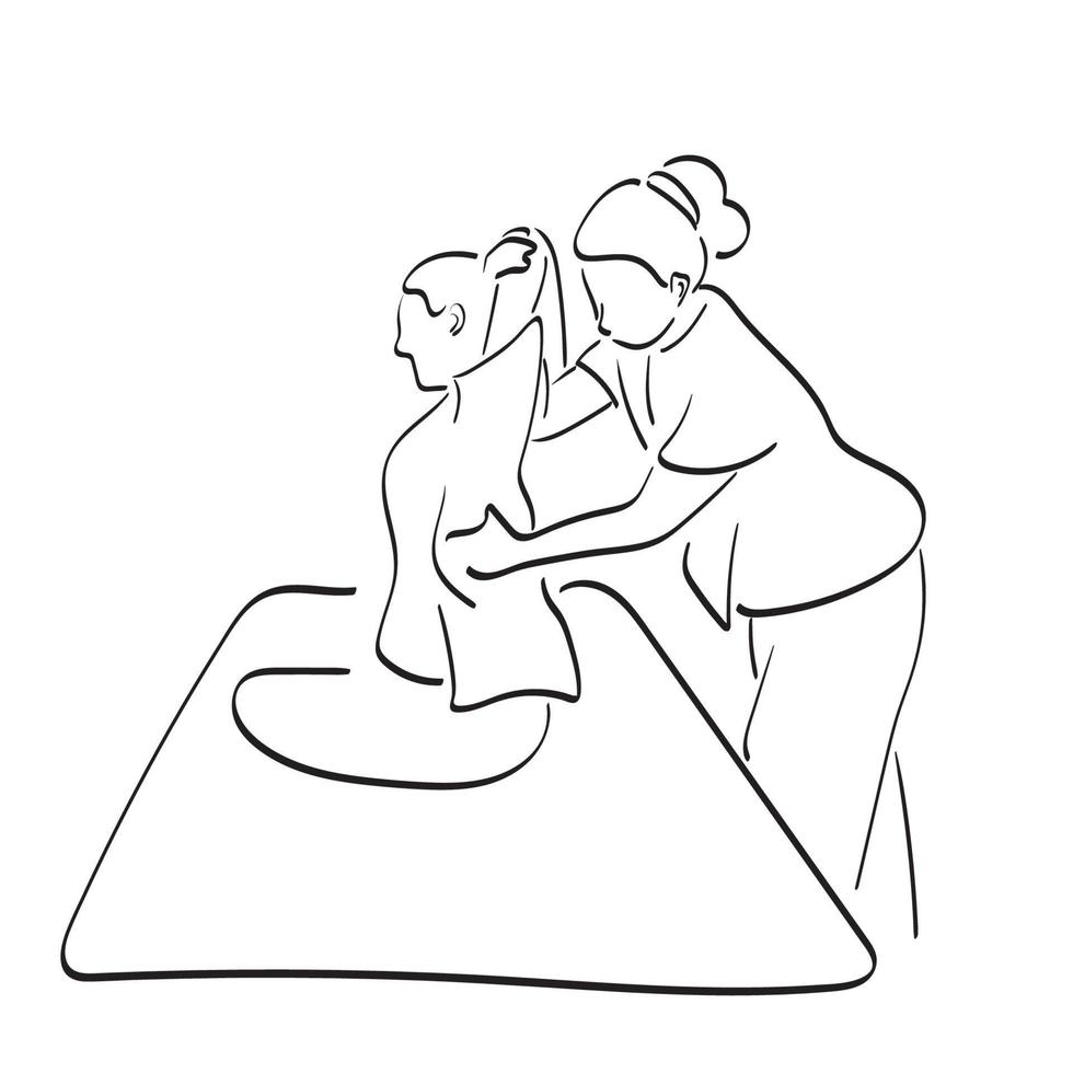 Thais masseuse aan het doen massage voor vrouw illustratie vector hand- getrokken geïsoleerd Aan wit achtergrond lijn kunst.