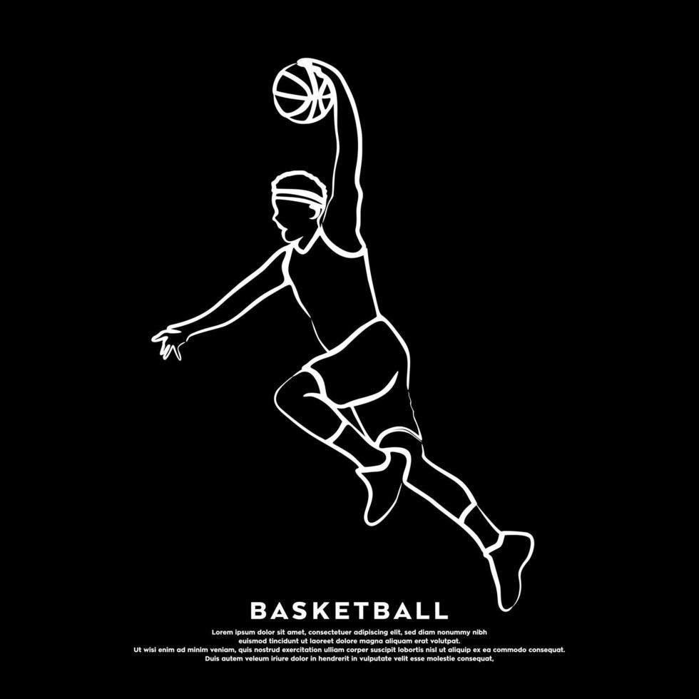 lijn tekening van professioneel basketbal speler jumping dichtslaan dunk geïsoleerd Aan zwart achtergrond vector
