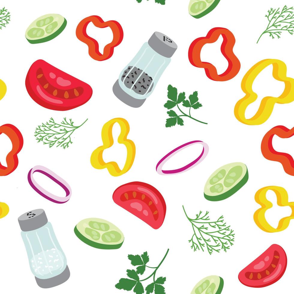 groente salade naadloos patroon. klok pepers, tomaten, komkommers, uien, kruiden, zout en peper. hand- getrokken vector illustratie. geschikt voor web achtergrond, geschenk papier, kleding stof of textiel.