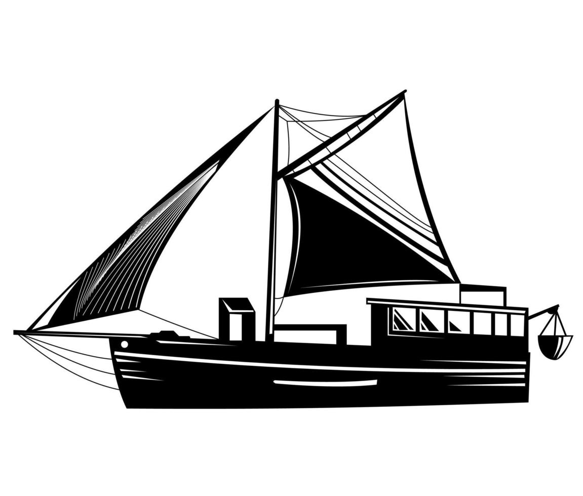 wijnoogst visvangst trawler schoener of blauw water motor zeilschip houten jacht kant retro houtsnede stijl vector