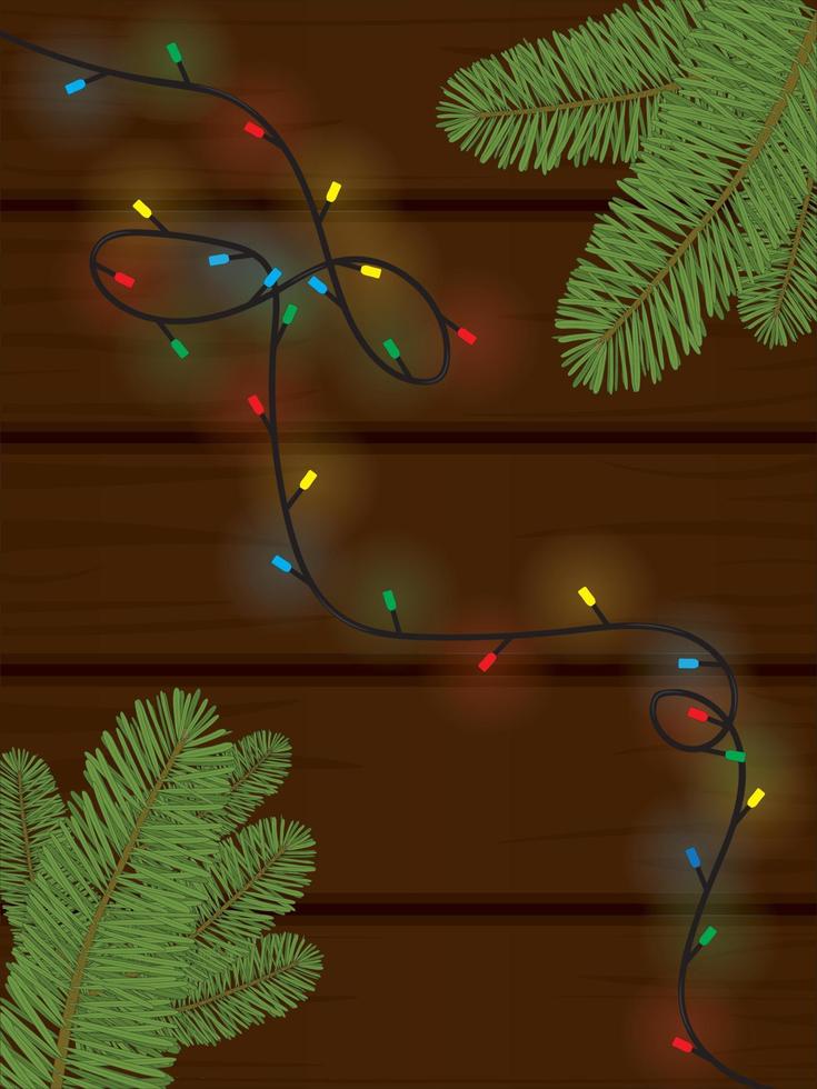 Kerstmis en nieuw jaar achtergrond met LED lichten Aan houten tafel vector illustratie