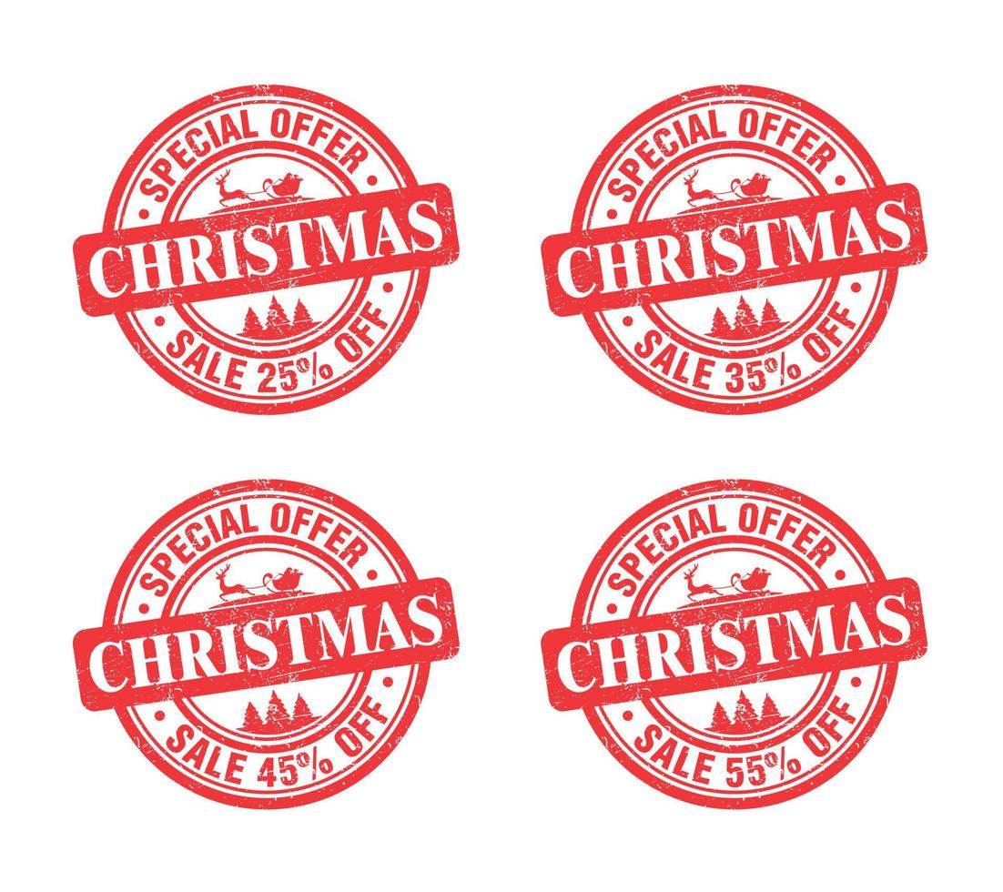 Kerstmis uitverkoop rood grunge postzegel set. speciaal aanbod omhoog naar 25, 35, 45, 55 procent uit vector
