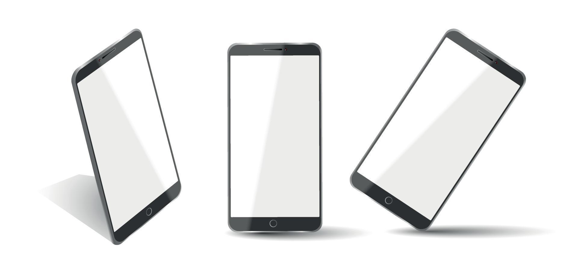 realistisch smartphonemodel. mobiel frame met blanco display geïsoleerde sjablonen, telefoon verschillende hoeken bekeken. vector mobiel apparaatconcept