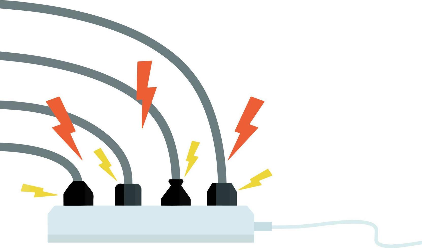 elektrisch circuit. schok, rood bliksem en geel vonken van de uitlaat. connector en plug. systeem overbelasten. de probleem met de apparaat. brand situatie met rook en veiligheid. vector