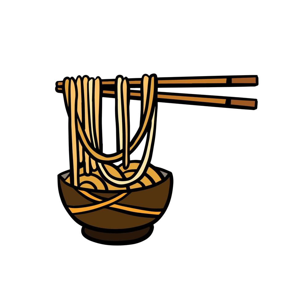 ramen noedels en houten stokjes in schaal. eetstokjes met lang pasta. Aziatisch Japans en Chinese voedsel. vector