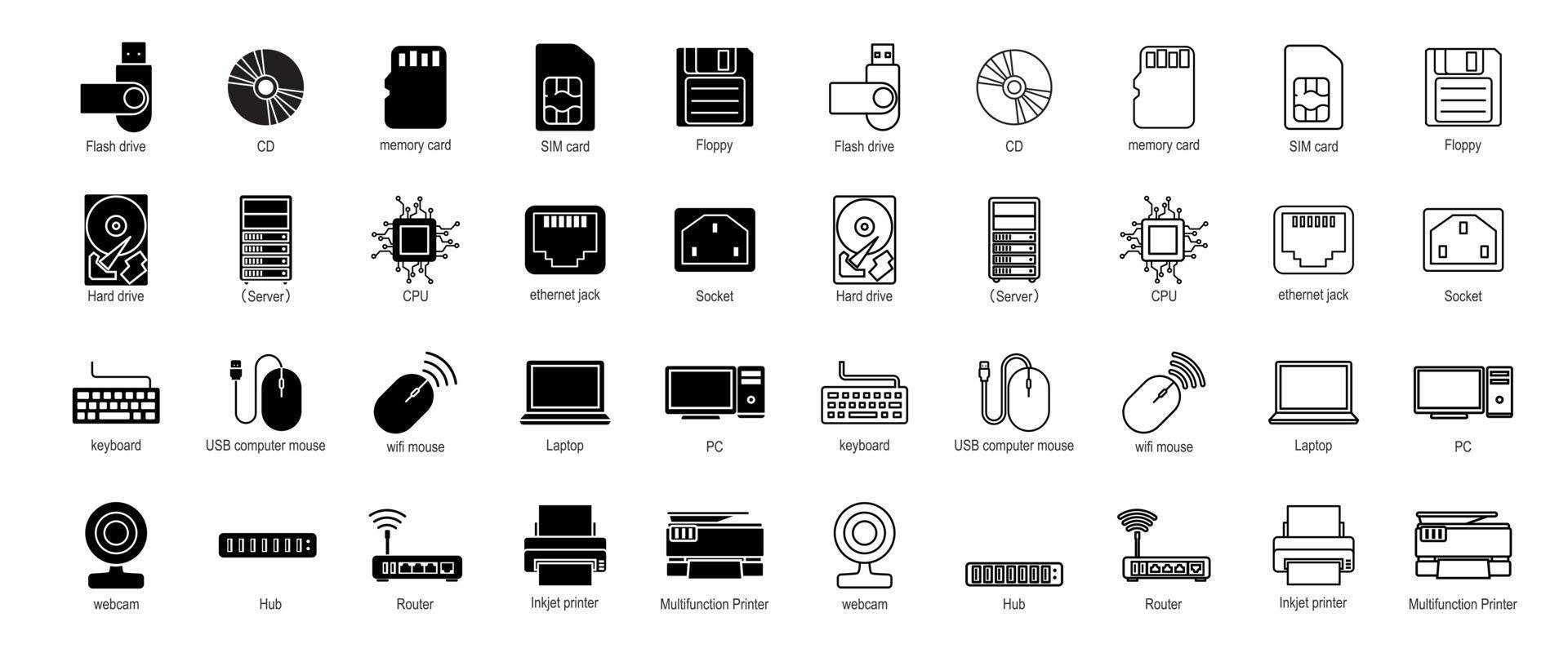 reeks van computer hardware pictogrammen, geïsoleerd Aan wit achtergrond. vector