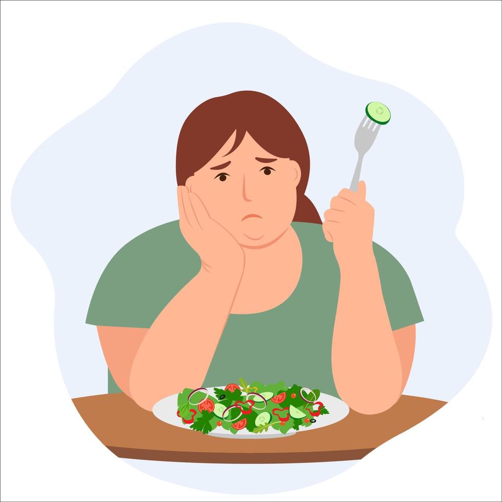 een verdrietig vrouw is zittend Bij de tafel met een bord van salade. de concept van gewicht verlies en eetpatroon. vector illustratie