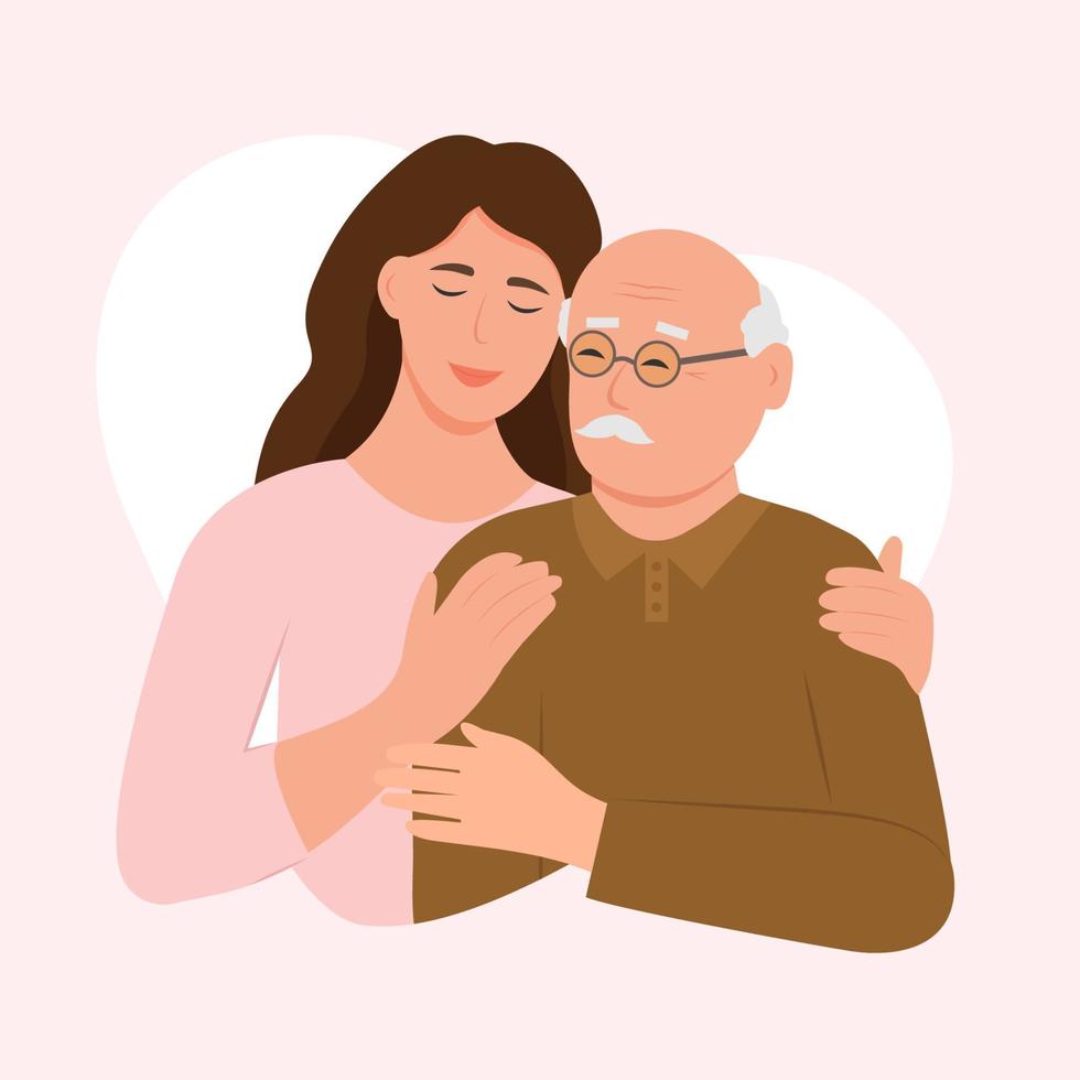 gelukkig jong vrouw knuffelen haar oud vader met liefde. vader en dochter. vader dag .portret van jong vrouw knuffelen haar opa. vriendelijk familie relatie. vector vlak illustratie