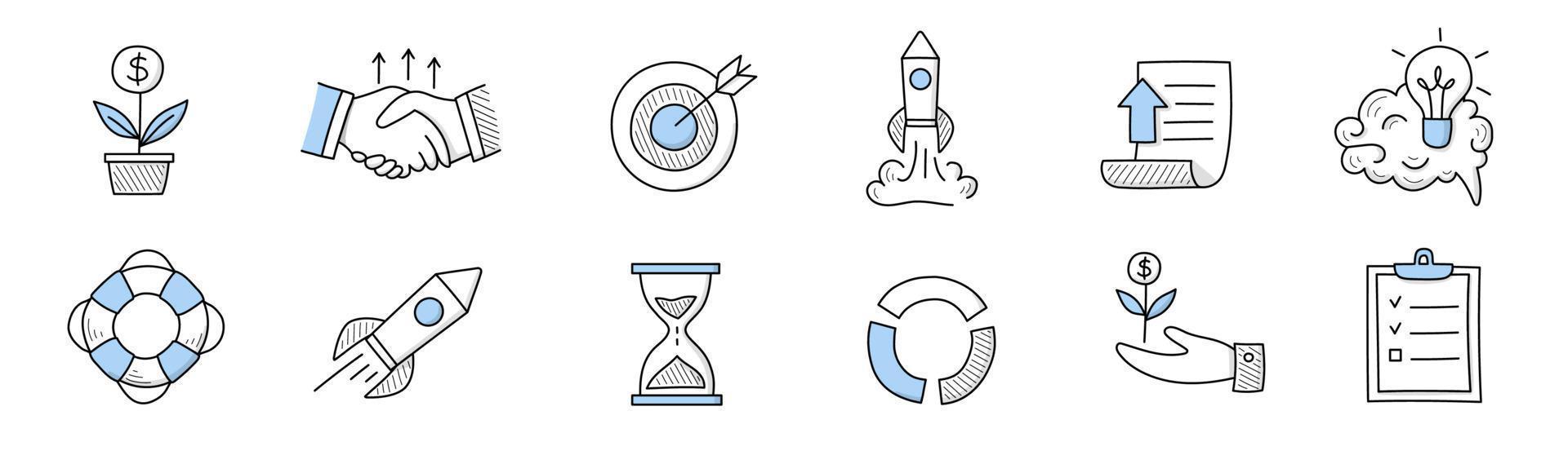 opstarten tekening pictogrammen met raket, geld, doelwit vector