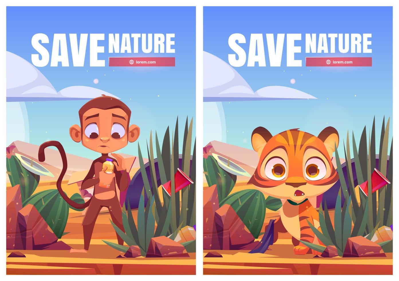 opslaan natuur tekenfilm affiches, tijger welp en aap vector