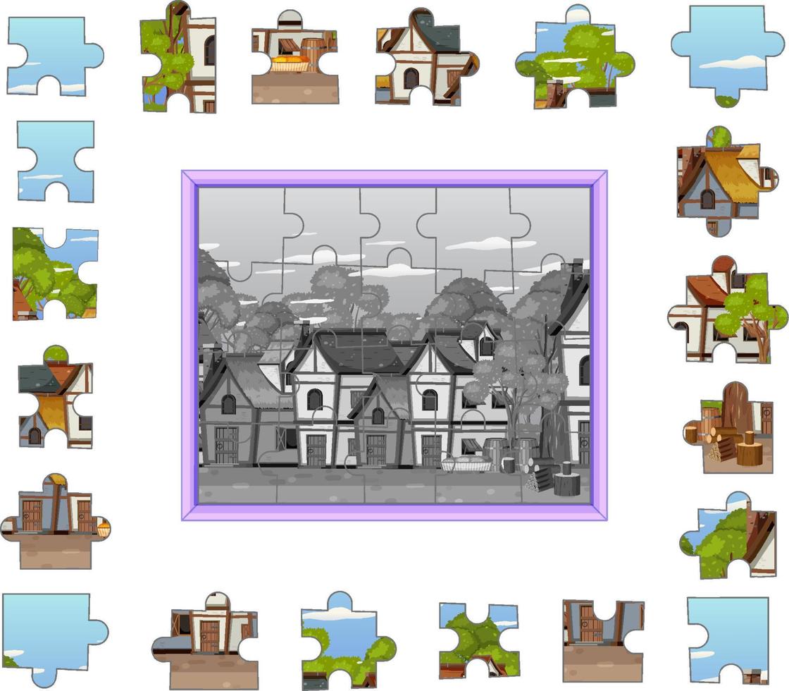 oud stad- foto decoupeerzaag puzzel spel sjabloon vector