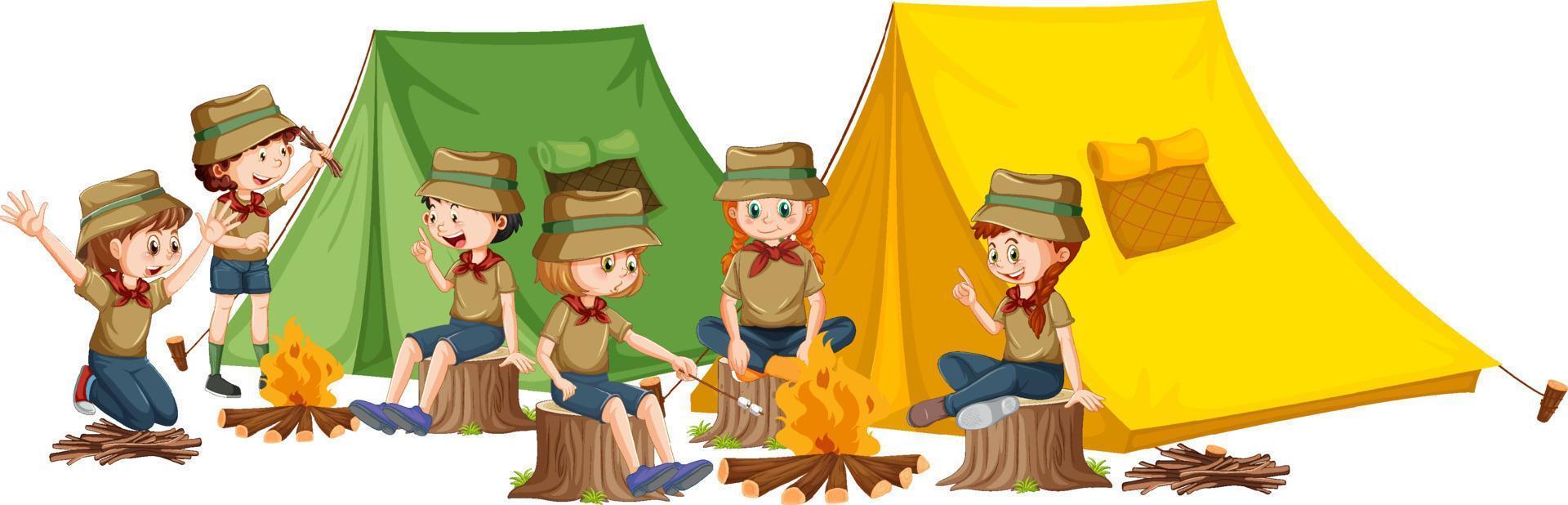 buitenshuis camping met verkenner kinderen vector