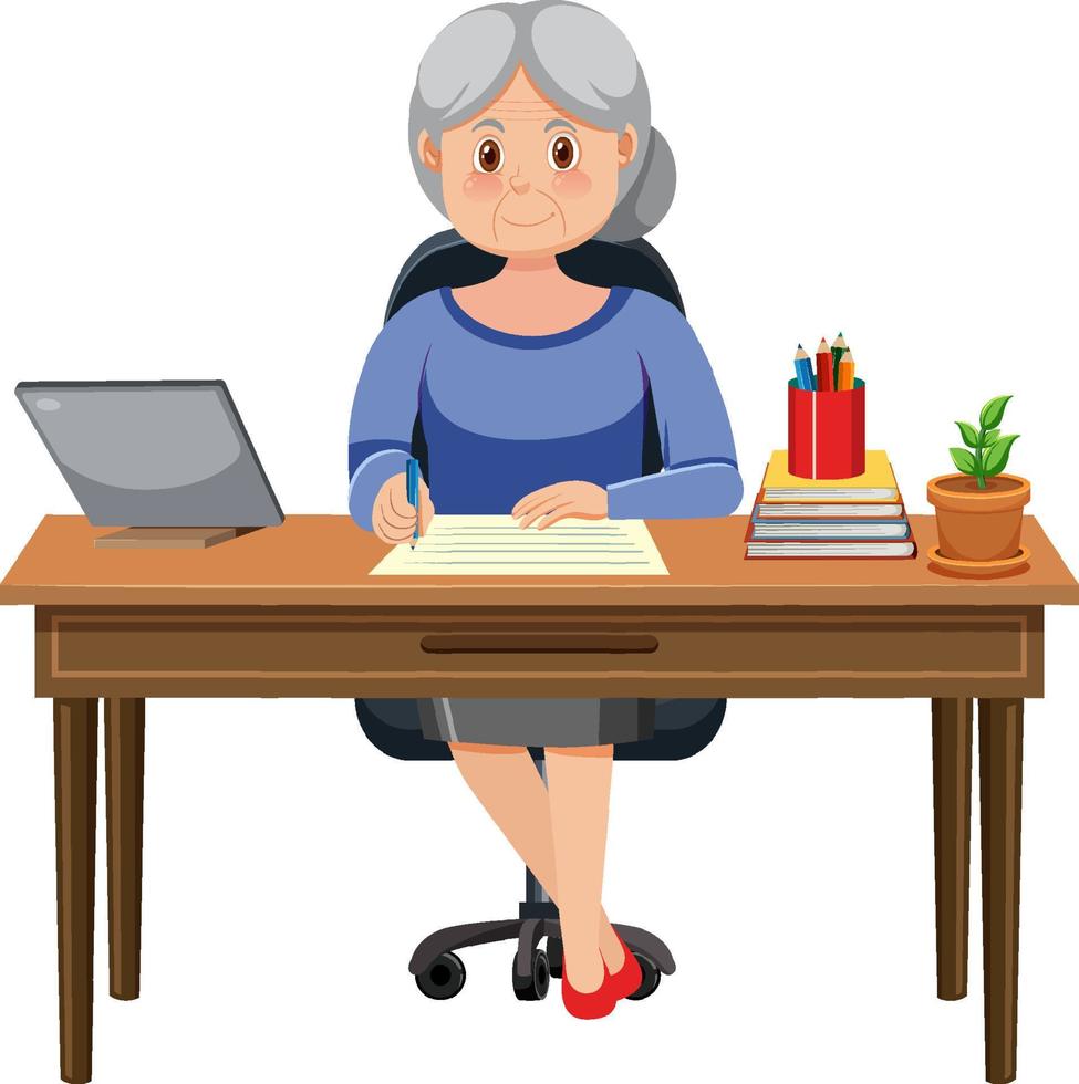oud vrouw zittend in voorkant van laptop vector