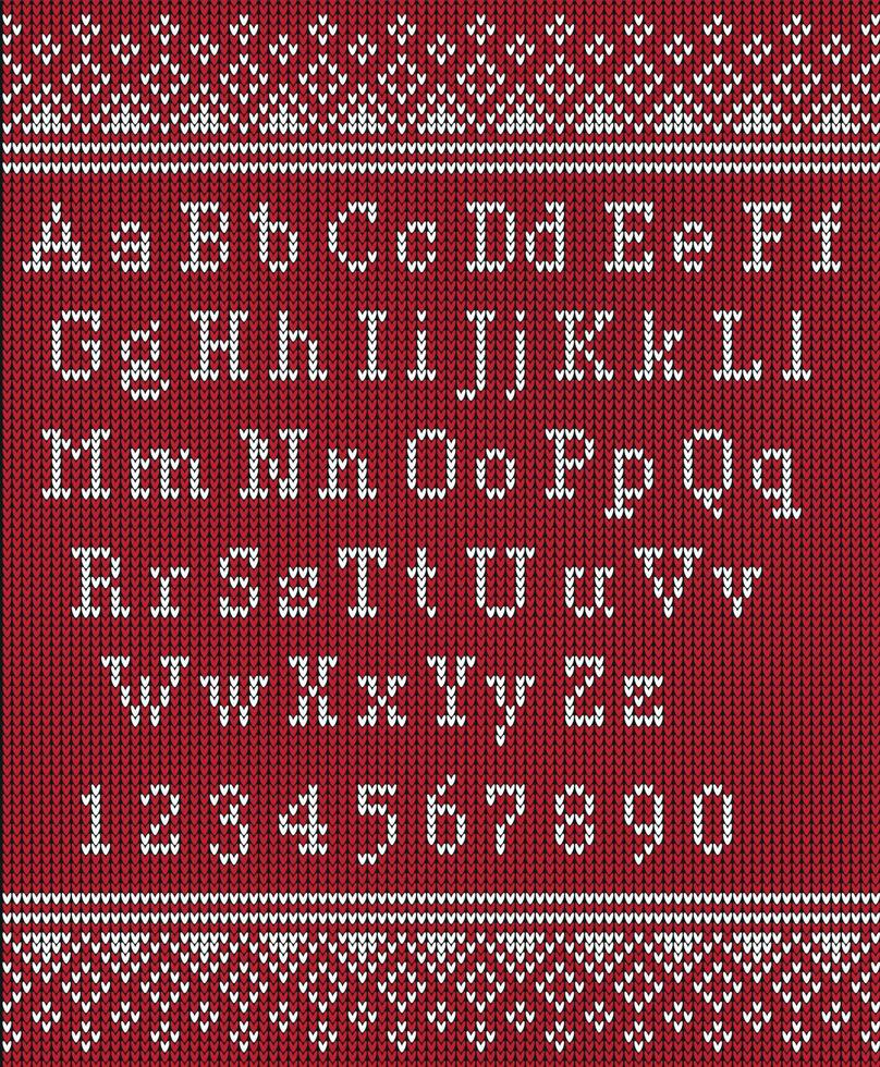 Kerstmis lettertype. gebreid Latijns alfabet Aan naadloos gebreid patroon met sneeuwvlokken en Spar. nordic eerlijk eiland breien, winter vakantie trui ontwerp. vector illustratie.
