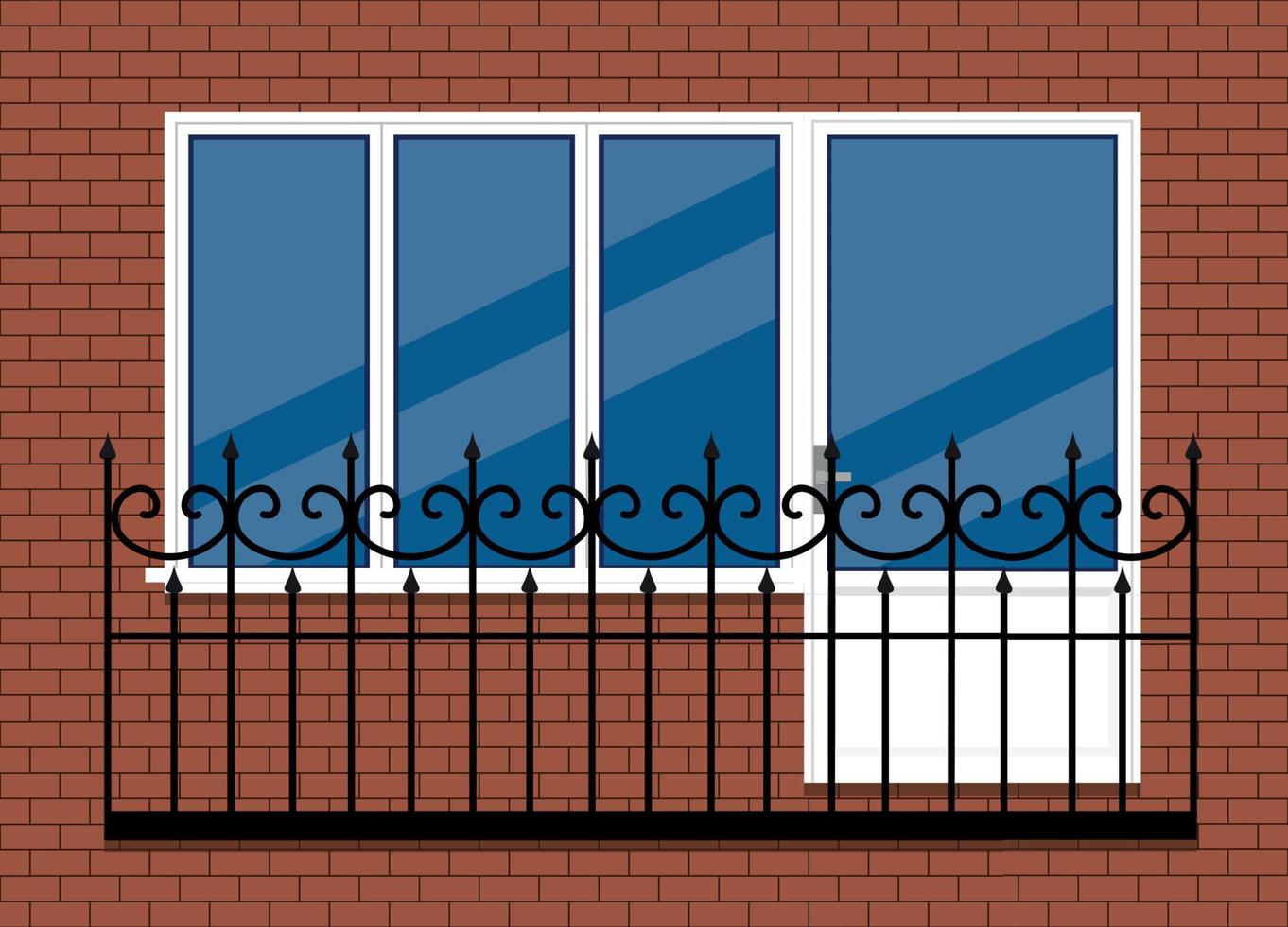 wit plastic pvc venster met deur en balkon met zwart metaal balkon het spoor, voorkant visie. geïsoleerd Aan een rood bruin steen muur achtergrond. tekenfilm stijl vlak ontwerp. vector