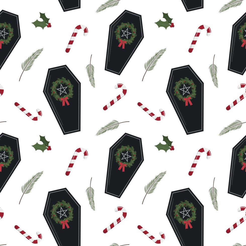 griezelig Kerstmis lijkkist met snoep wandelstokken, hulst bessen en takken. geïsoleerd Aan wit achtergrond. Kerstmis en nieuw jaar digitaal papier ontwerp. vector