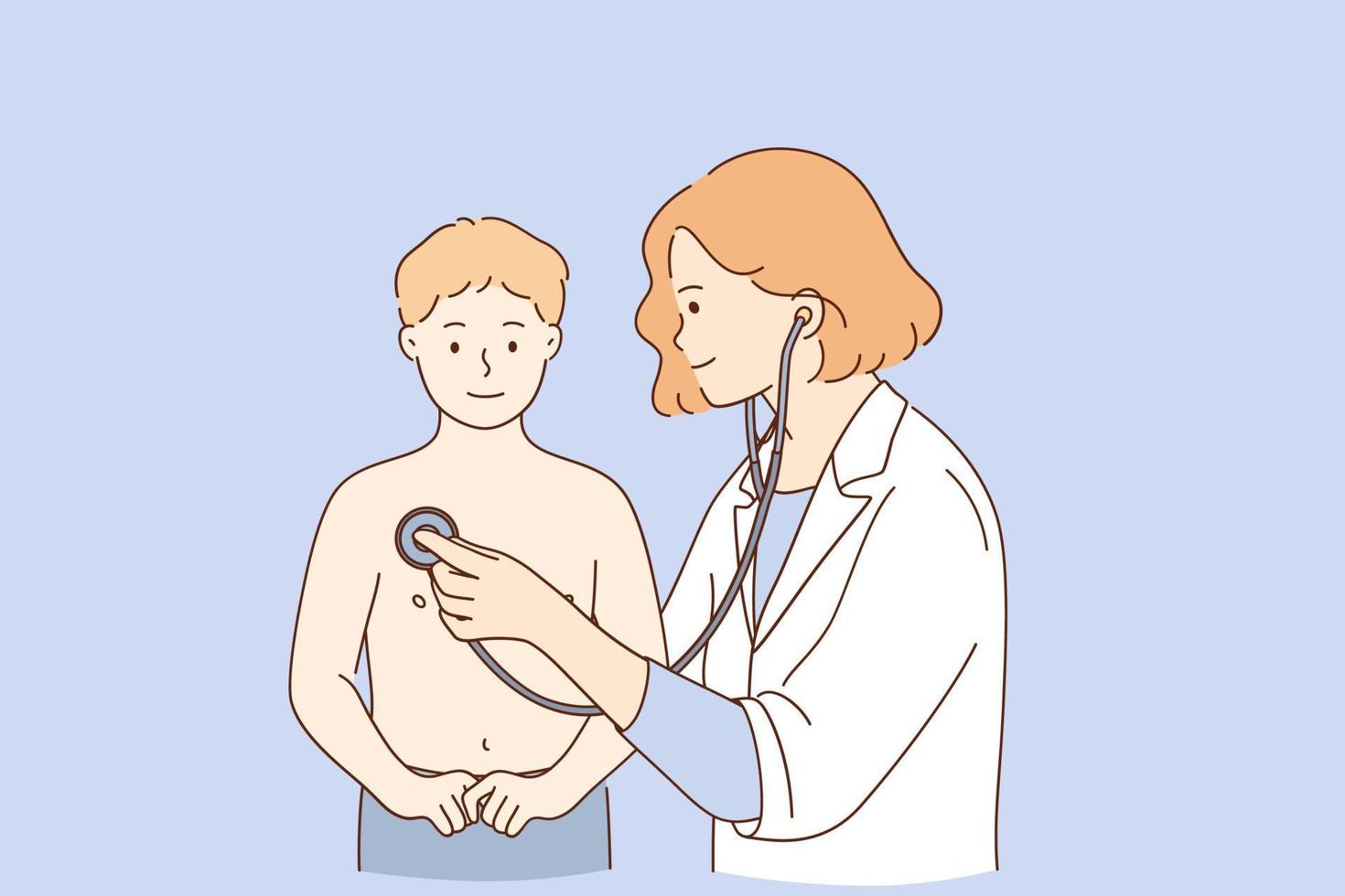 kinderarts gedurende werk concept. jong positief vrouw kinderarts dokter onderzoeken klein jongen geduldig met stethoscoop gedurende bezoek vector illustratie