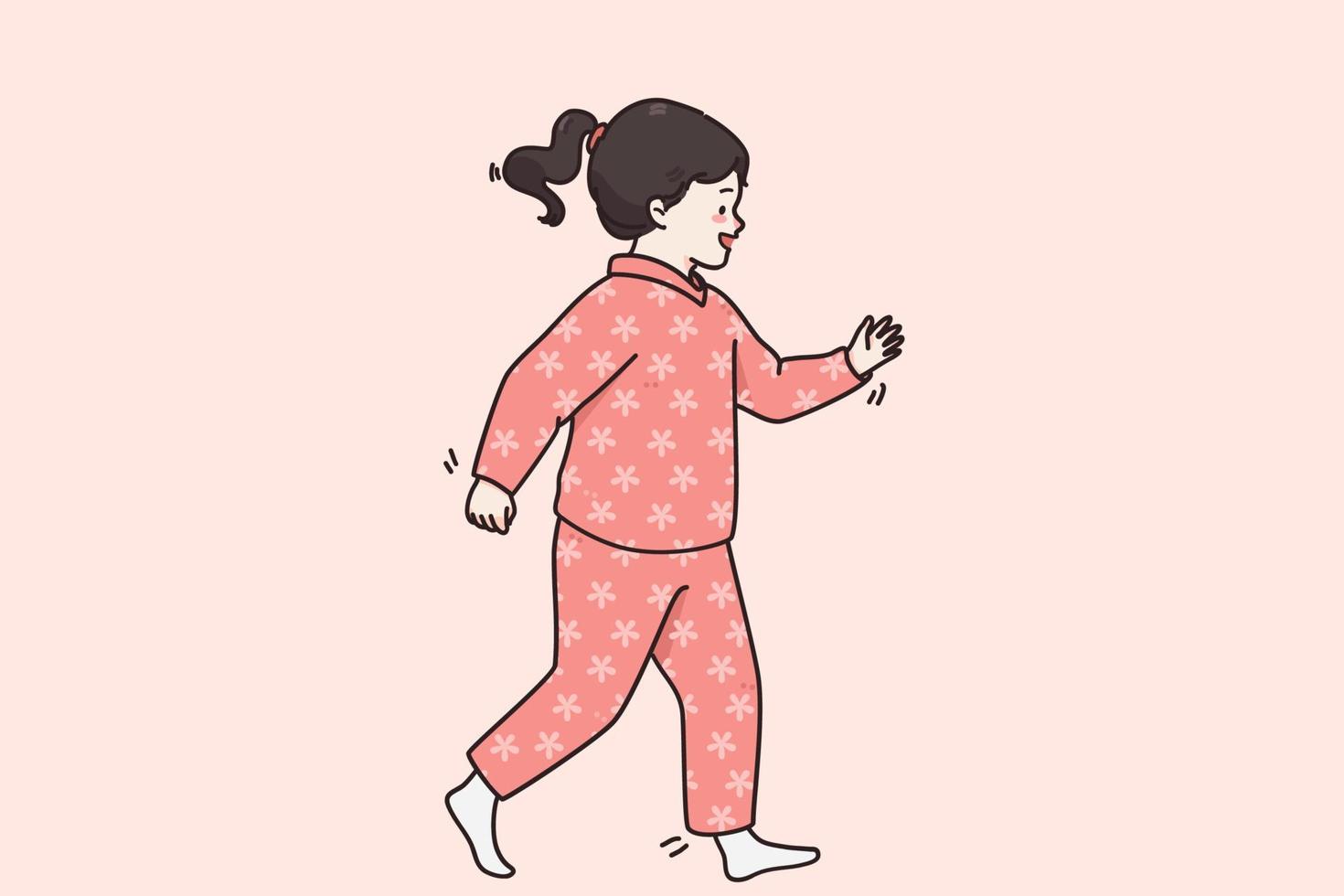 gelukkig kinderjaren en modieus kinderen kleren concept. klein schattig glimlachen vrolijk baby meisje in roze warm comfortabel jumpsuit blootsvoets wandelen over- roze achtergrond vector illustratie