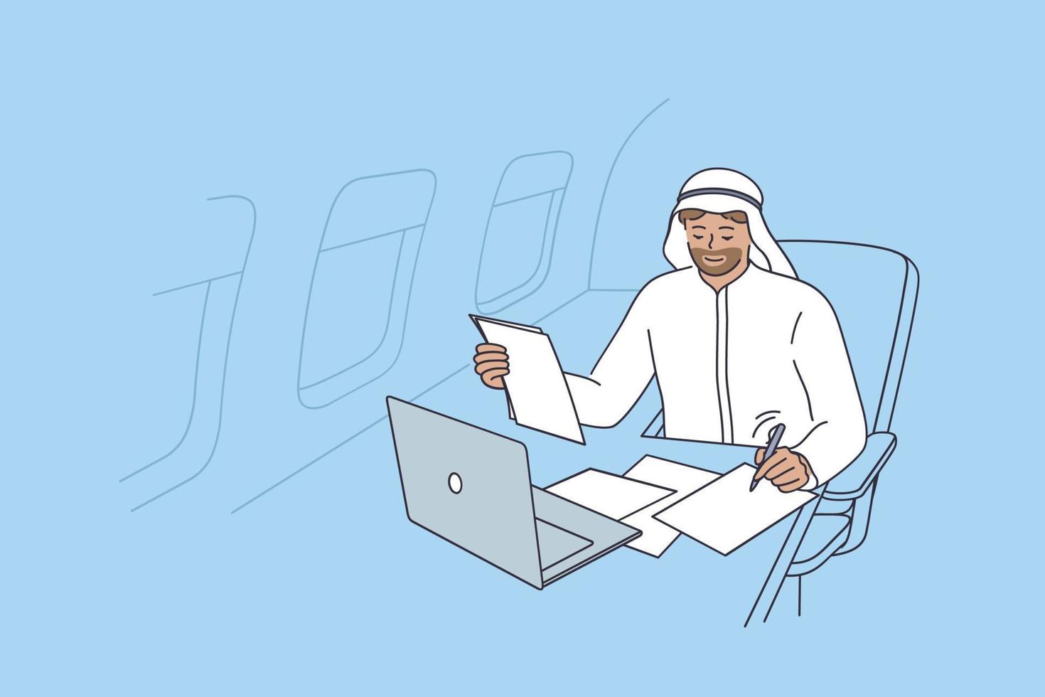 privaat vlak en luxe leven concept. jong glimlachen zakenman van Verenigde Arabisch emiraten fsitting aan het liegen Aan zijn privaat Jet naar Dubai en werken met bedrijf documenten vector illustratie