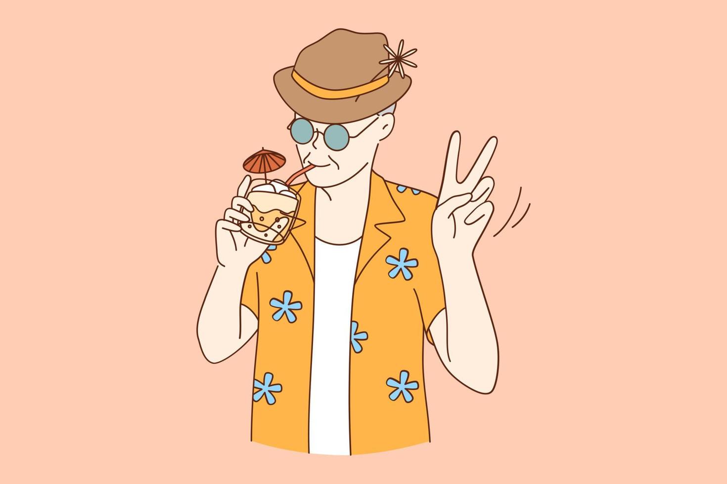 senior mensen gelukkig levensstijl concept. grappig en extravagant senior Mens poseren Aan roze achtergrond drinken cocktail hebben pret feesten vector illustratie