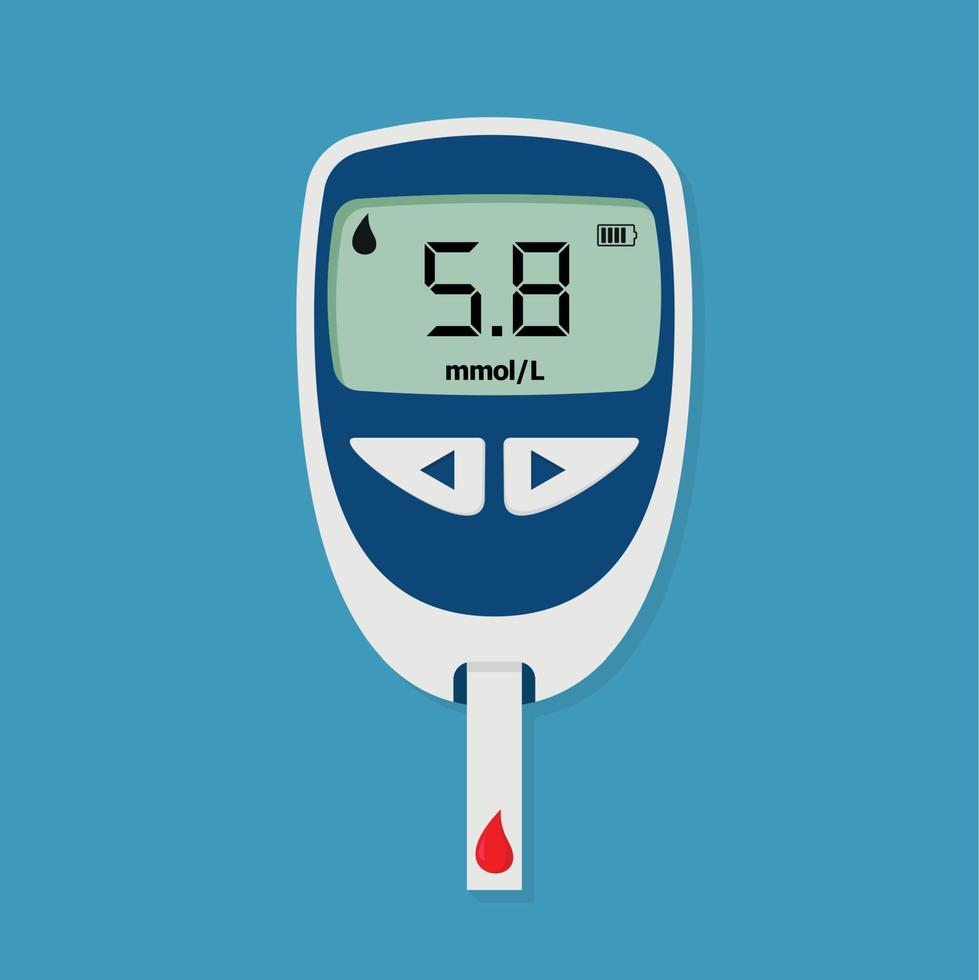 glucosemeter. medisch uitrusting voor diabetes diagnose. bloed glucose meter niveau testen. controle bloed suiker niveau door glucometer en test streep Bij huis. vector illustratie.