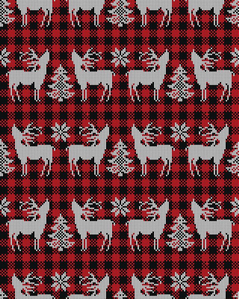 lelijk trui Bij buffel plaid vrolijk Kerstmis en gelukkig nieuw jaar groet kaart kader grens . illustratie gebreid achtergrond naadloos patroon met volk stijl Scandinavisch ornamenten. vector