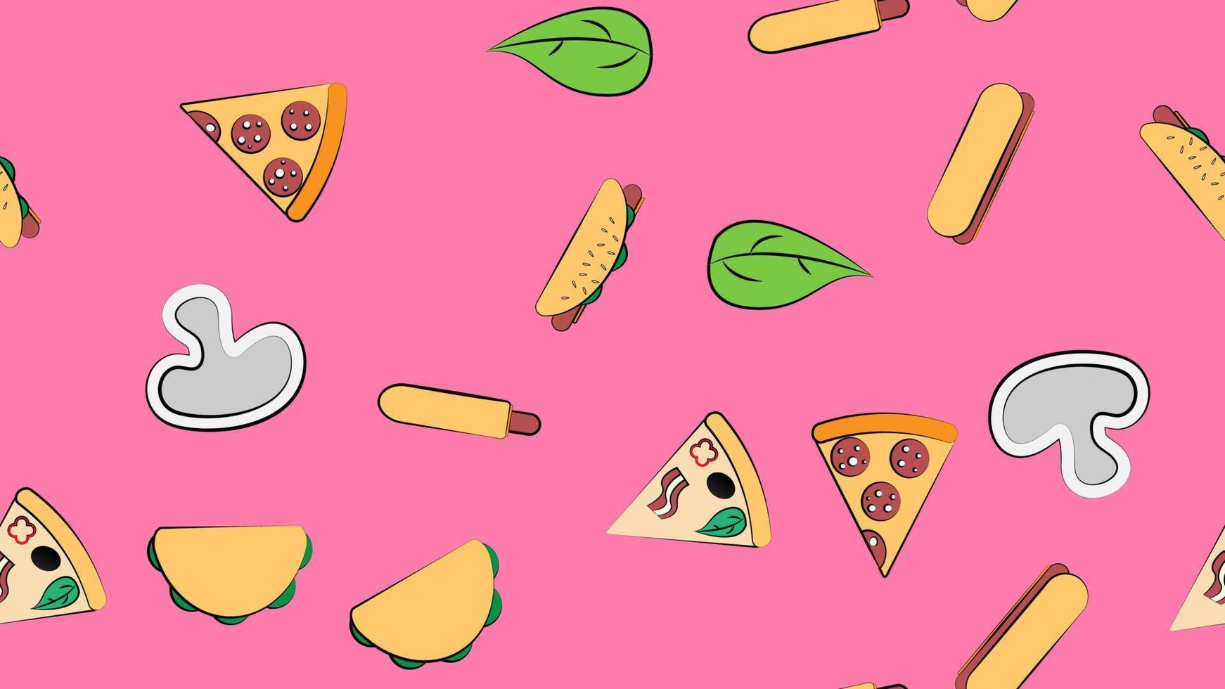 eindeloos roze naadloos patroon van een reeks van pictogrammen van heerlijk voedsel en snacks items voor een restaurant bar cafe pizza, heet hond, burrito, pizza, groenen. de achtergrond vector