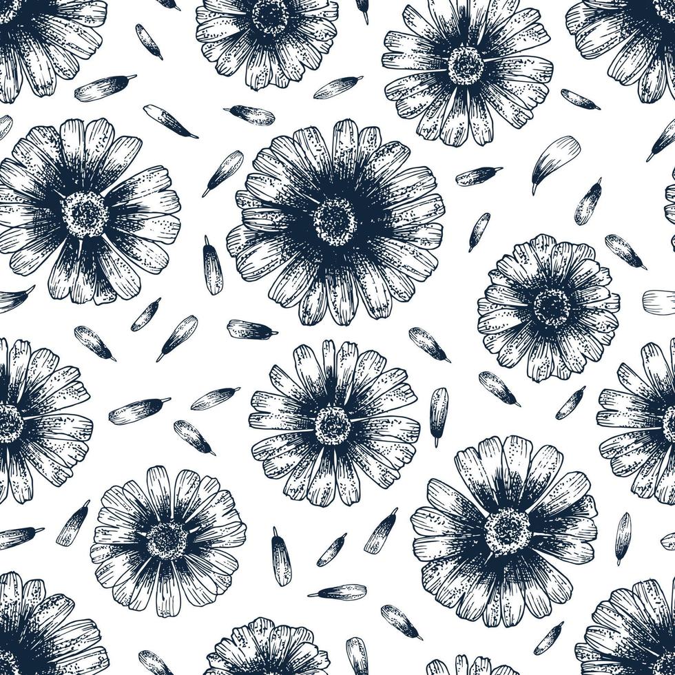 kamille hand tekenen bloemen en bloemblaadjes kunst naadloze lijnpatroon. zomer bloemen patroon. monochroom naadloze vector kamille bloemen patroon. vector naadloze kunst lijnpatroon.