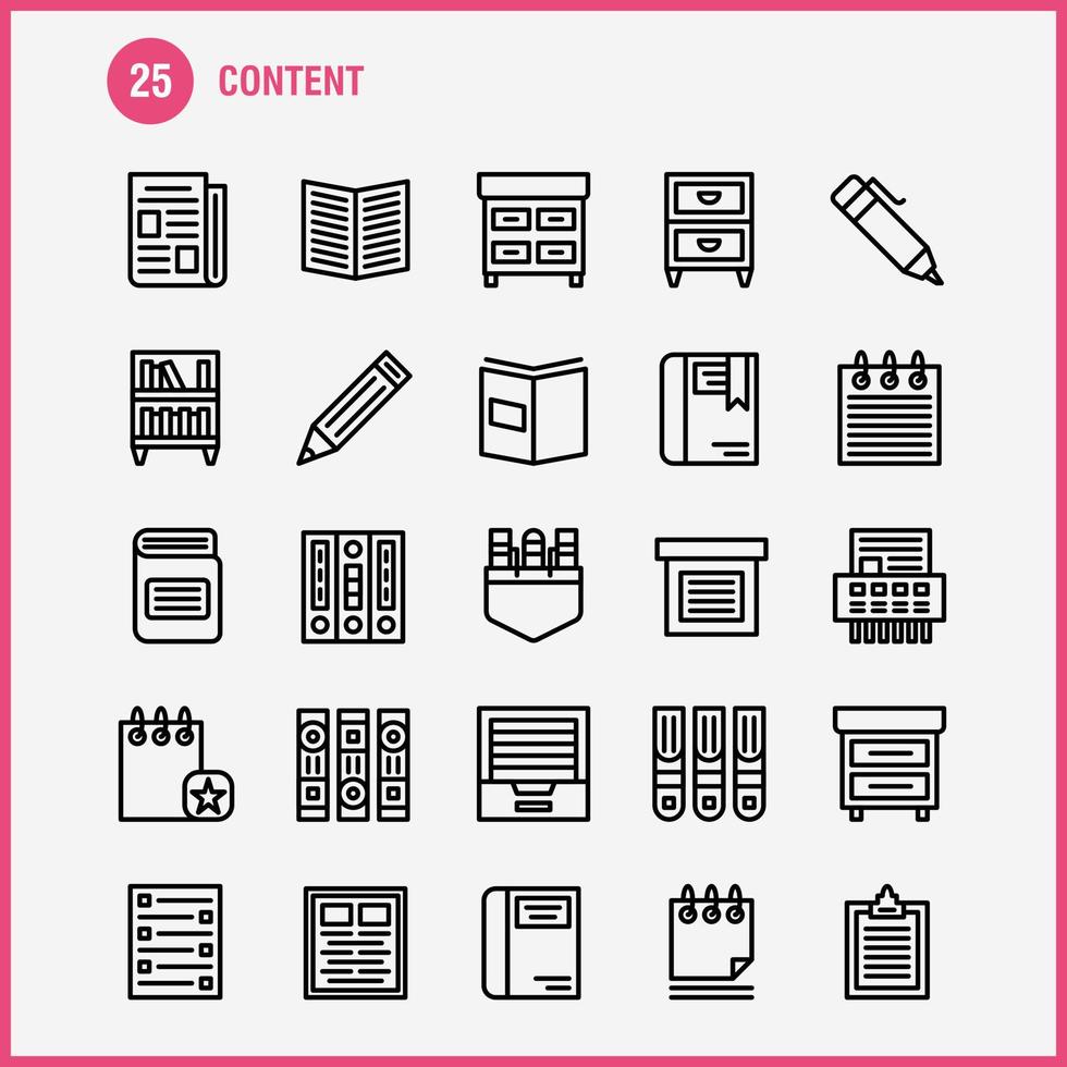 inhoud lijn icoon pak voor ontwerpers en ontwikkelaars pictogrammen van boek boek Mark inhoud inhoud pennen zak- inhoud vector