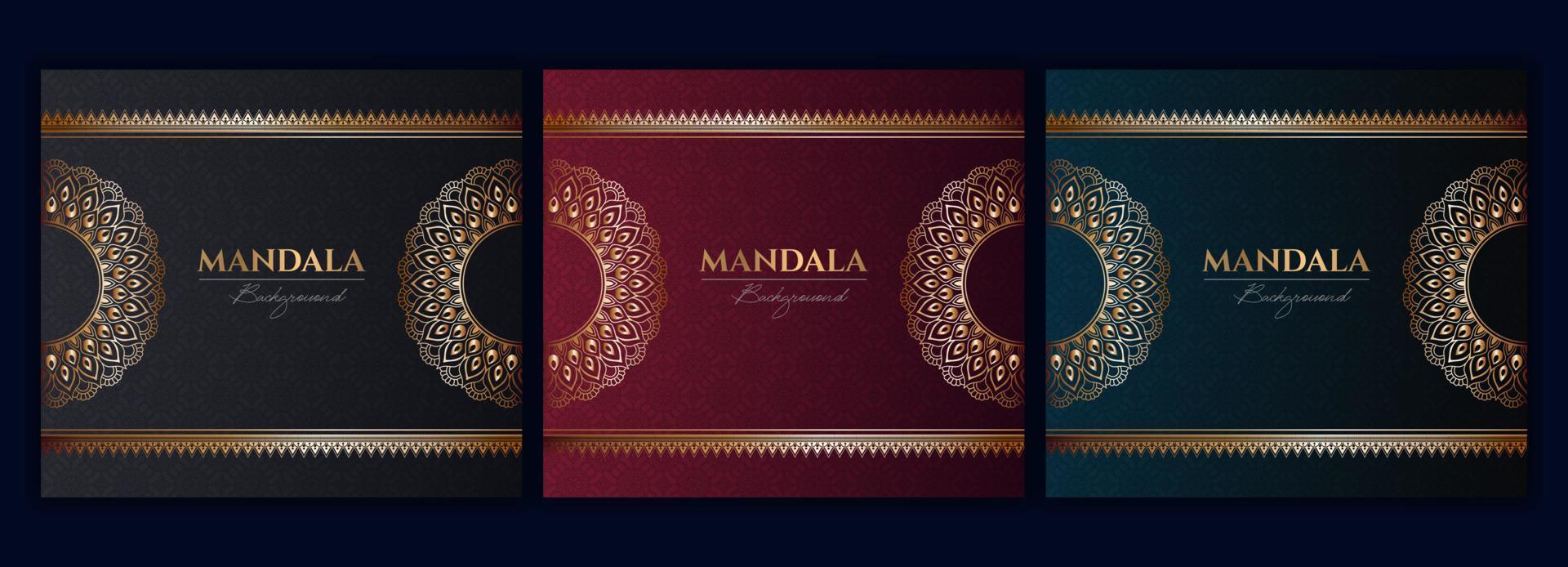 reeks van abstract goud luxe mandala achtergrond vector sjabloon, circulaire sier- arabesk patroon voor poster, omslag, brochure, folder. rood, groente, blauw achtergrond met etnisch bloemen mandala element