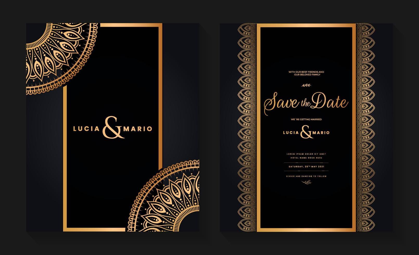 luxe bruiloft uitnodiging kaart ontwerp met gouden mandala en abstract patroon, Arabisch Islamitisch oosten- achtergrond stijl, decoratief sier- mandala voor afdrukken, poster, omslag, folder, en spandoek. vector