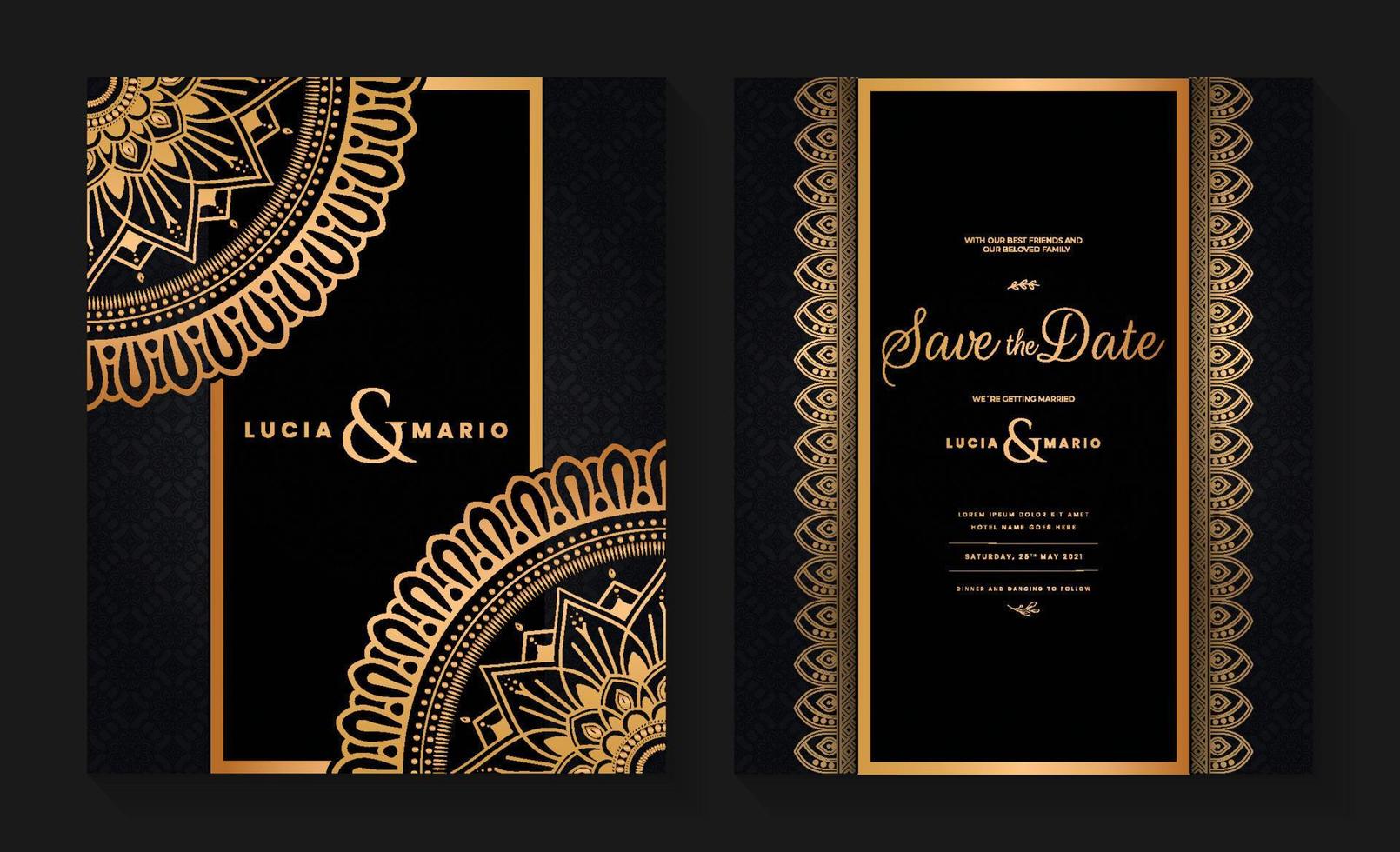 luxe bruiloft uitnodiging kaart ontwerp met gouden mandala en abstract patroon, Arabisch Islamitisch oosten- achtergrond stijl, decoratief sier- mandala voor afdrukken, poster, omslag, folder, en spandoek. vector