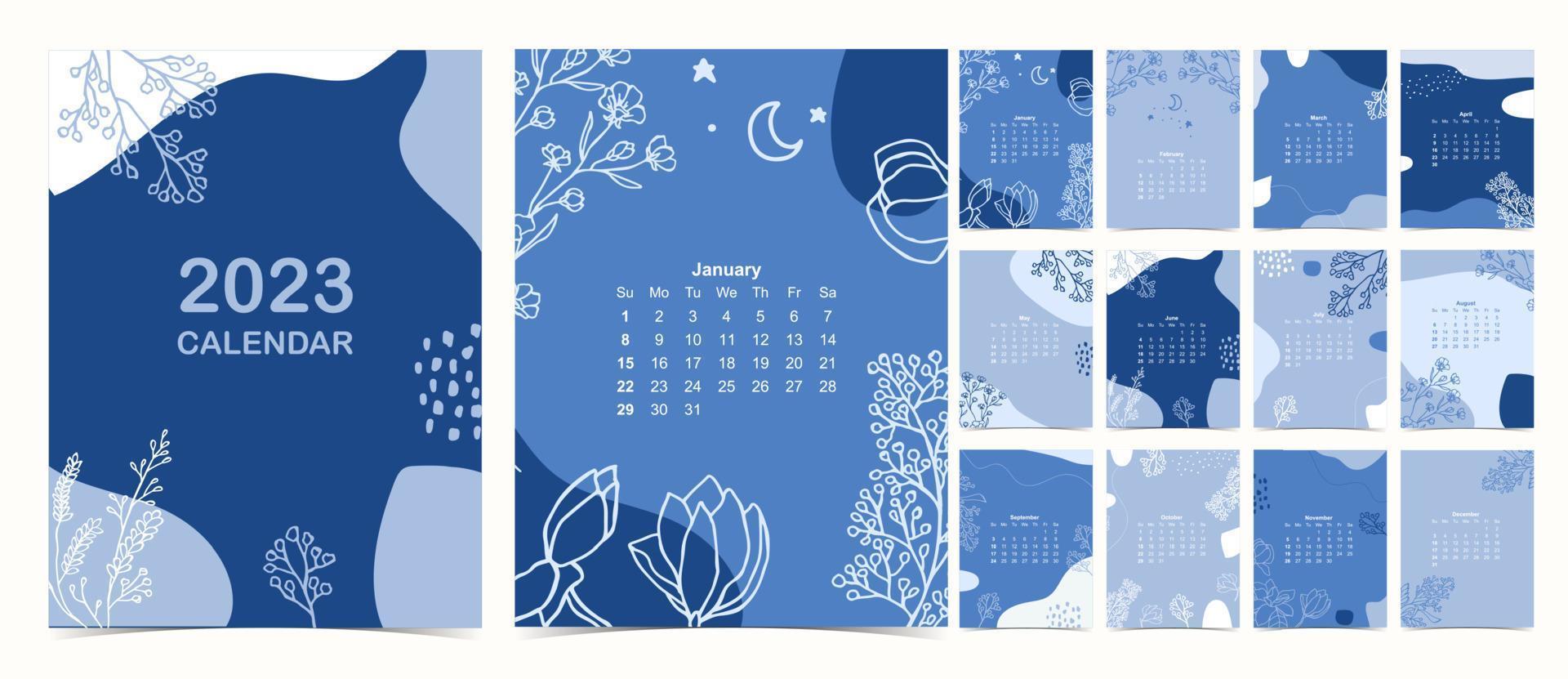 2023 tafel kalender week begin Aan zondag met blauw bloem vector