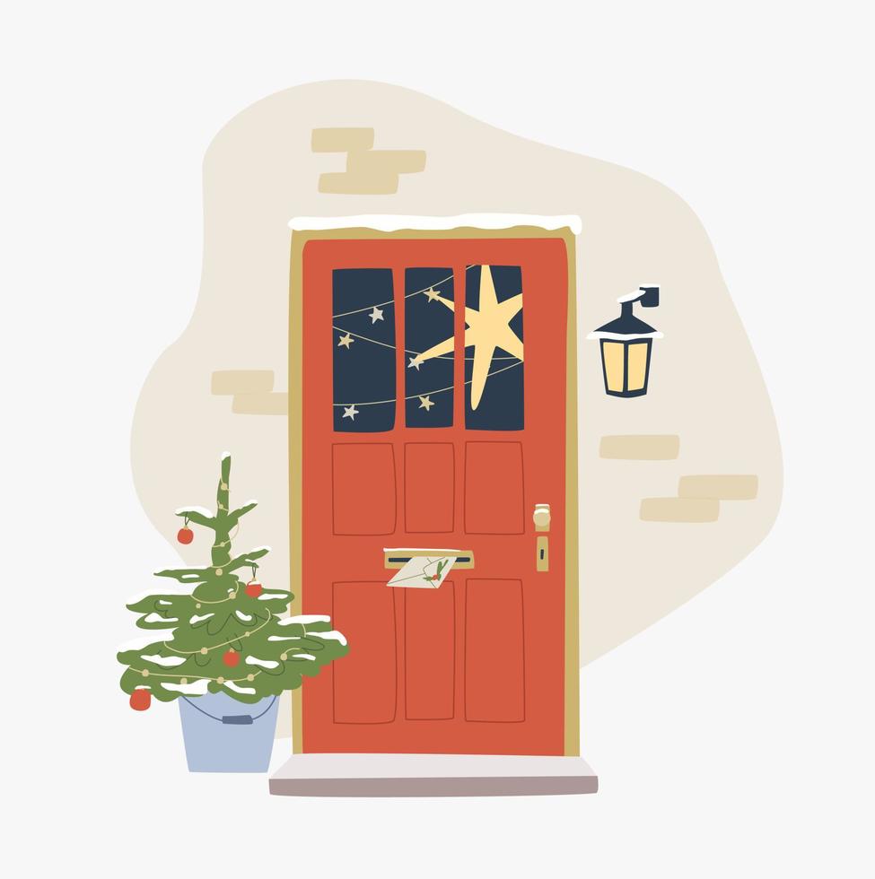 Kerstmis versierd huis voorkant deur. Kerstmis boom door de huis deur met krans en deco voor feest. ansichtkaart, uitnodiging of moeilijke vraag voor nieuw jaar en vrolijk kerstmis. vector