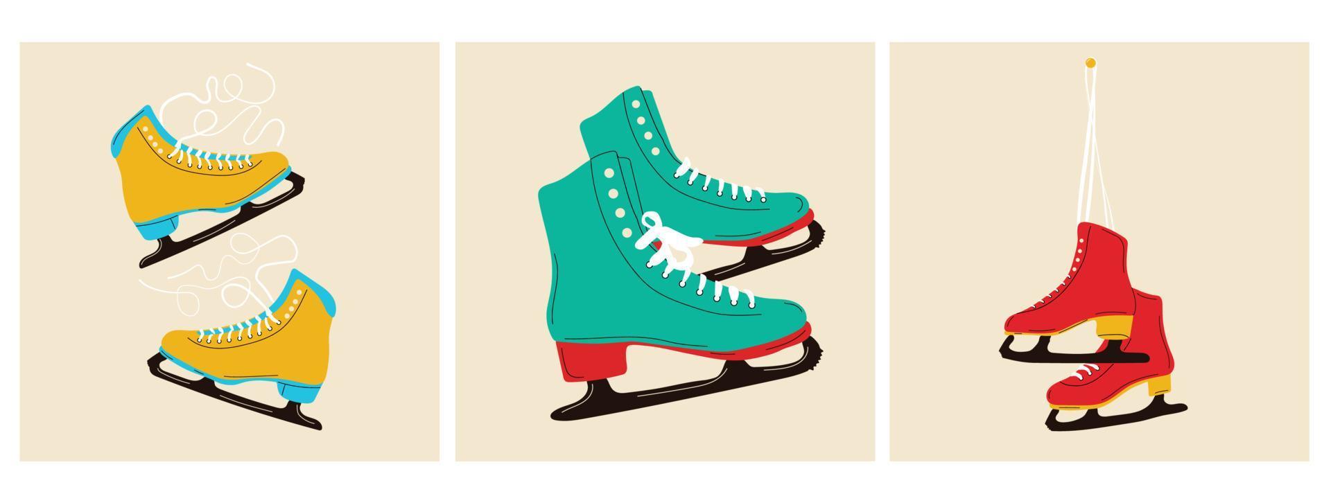 reeks van drie kleurrijk ijs skates voor figuur het schaatsen in winter. modern vintage. vector illustratie