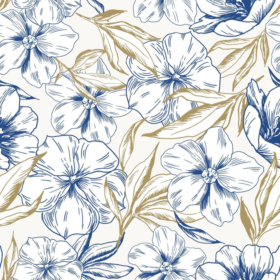 naadloos bloemen botanisch patroon met bladeren en bloemen. wijnoogst gravure bloemen achtergrond. blauw. vector