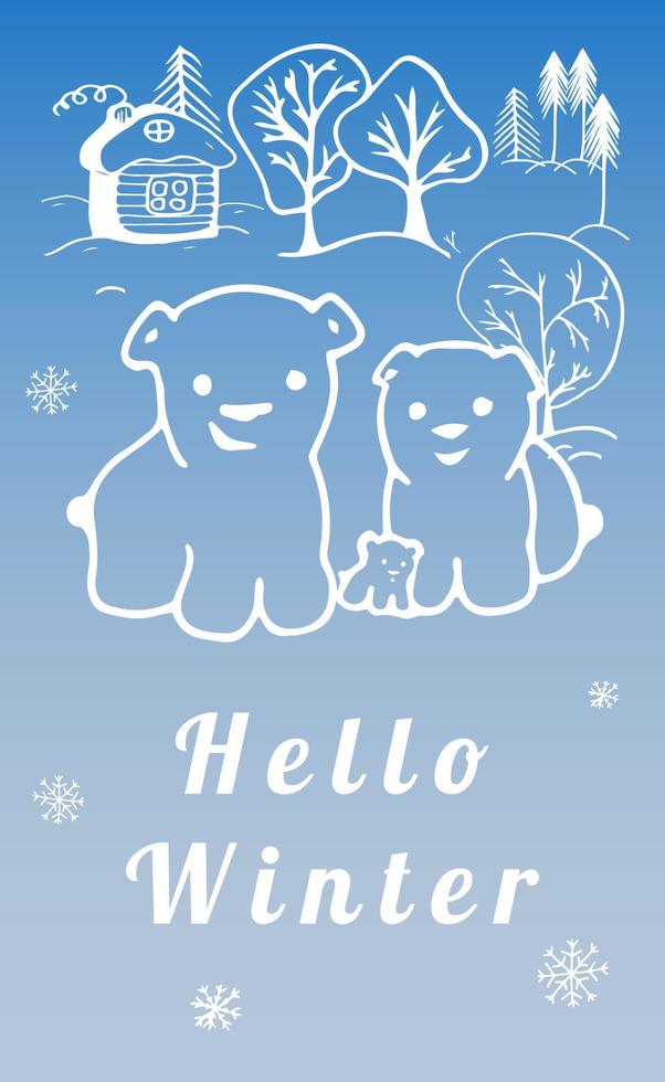 polair beer familie winter kaart met wit schets. blauw kleur. achtergrond met bomen, dorp huis en, sneeuwvlokken, sneeuwval. vector illustratie.