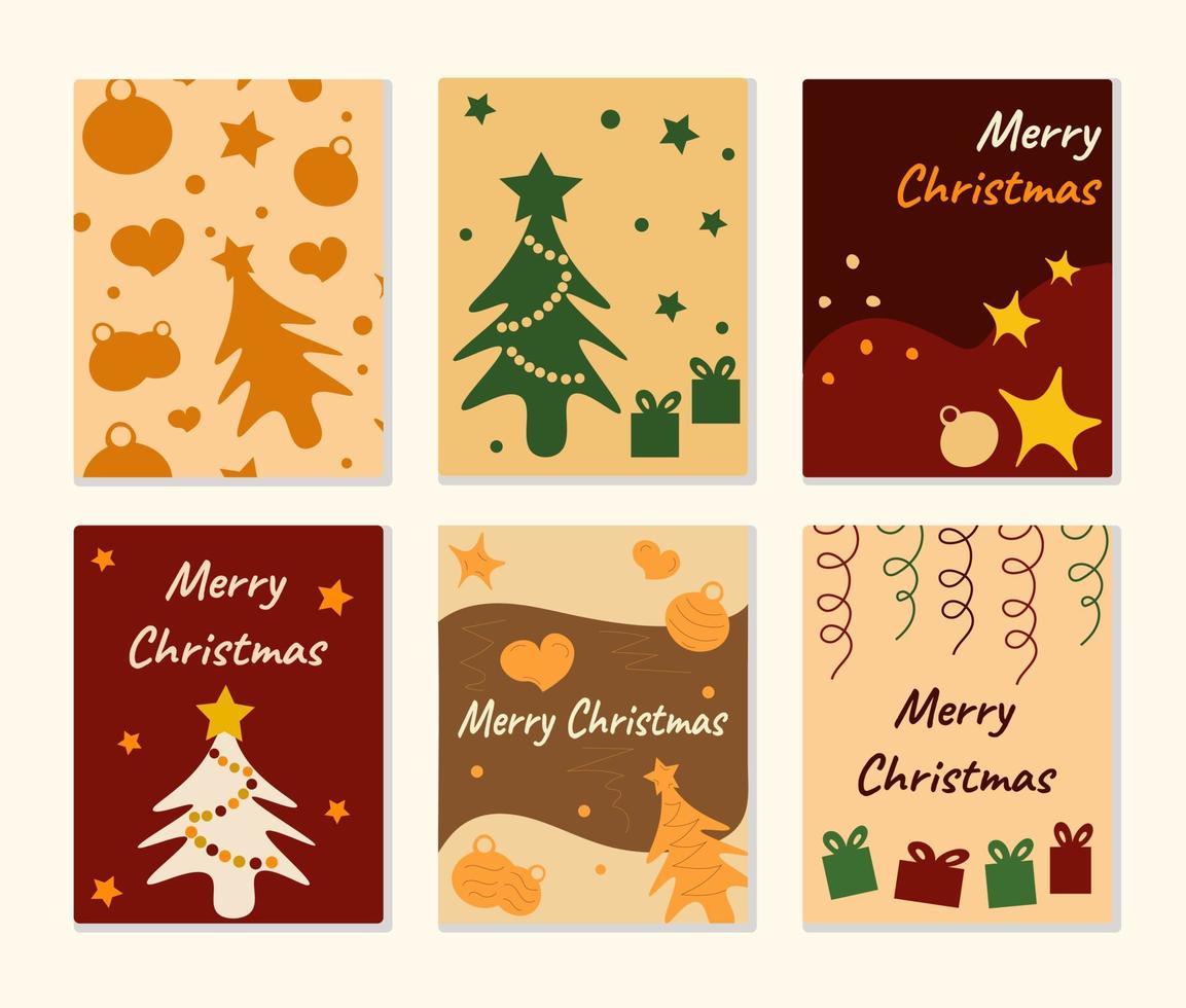 Kerstmis ansichtkaart reeks in beige tonen. oranje, donker rood en groen kleuren. vector illustratie.