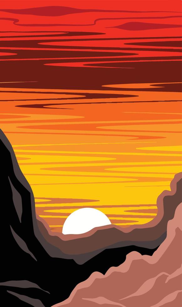 zonsondergang rood naar geel lucht met rotsen decoratie verticaal vector achtergrond behang banier 2162x3649
