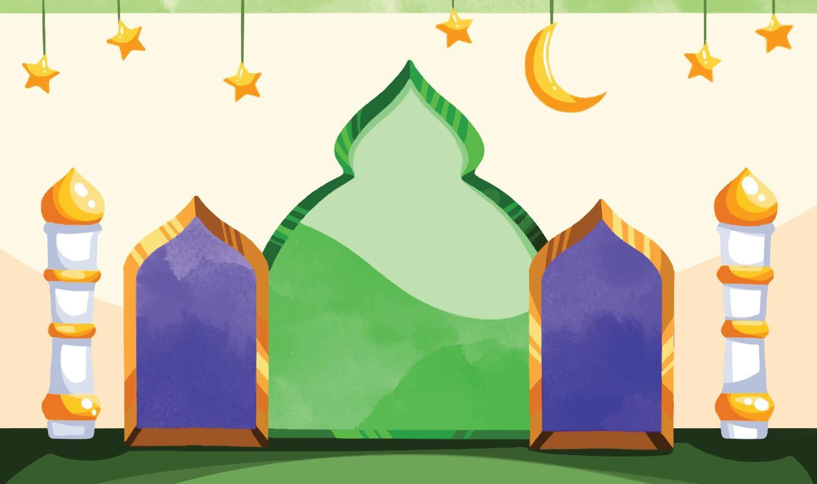 Ramadhan kareem achtergrond voor eid mubarak behang ontwerp. vector illustratie voor Moslim religie idul fitri, horizontaal banier sjabloon met sterren en maan decoratie. geel en groen gekleurd.