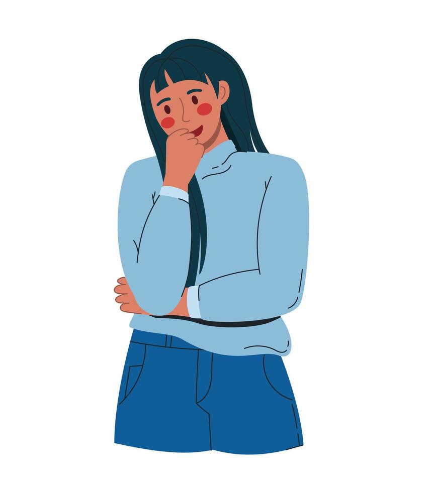 een jong mooi vrouw in overpeinzing . in een blauw modern blouse en blauw broek. vector illustratie vlak geïsoleerd wit achtergrond