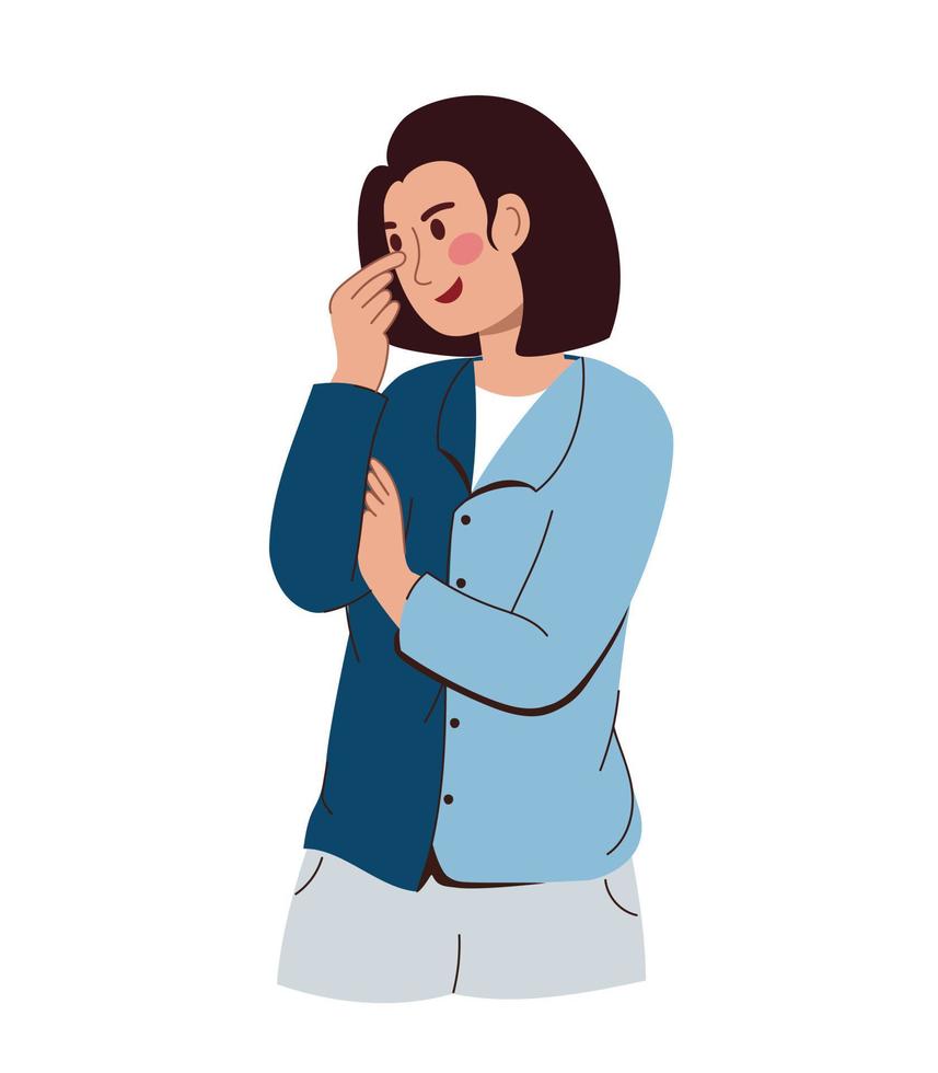 een jong mooi vrouw in overpeinzing . in een modern blauw blouse en grijs broek. vector illustratie vlak geïsoleerd wit achtergrond