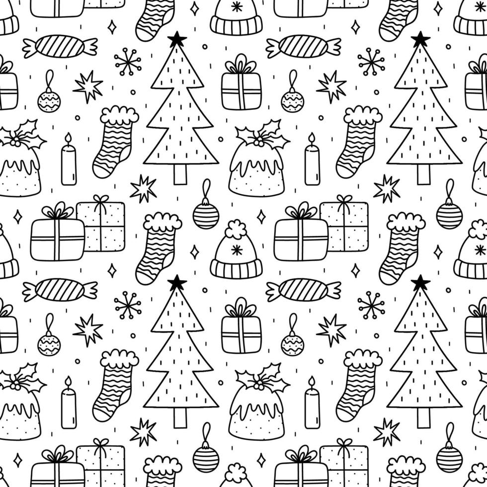 schattig Kerstmis naadloos patroon met geschenken, kerstballen, Kerstmis pudding, Spar boom, sokken, kaarsen, snoep, sneeuwvlokken, sterren. vector hand getekend tekening illustratie. perfect voor omhulsel papier, decoraties.