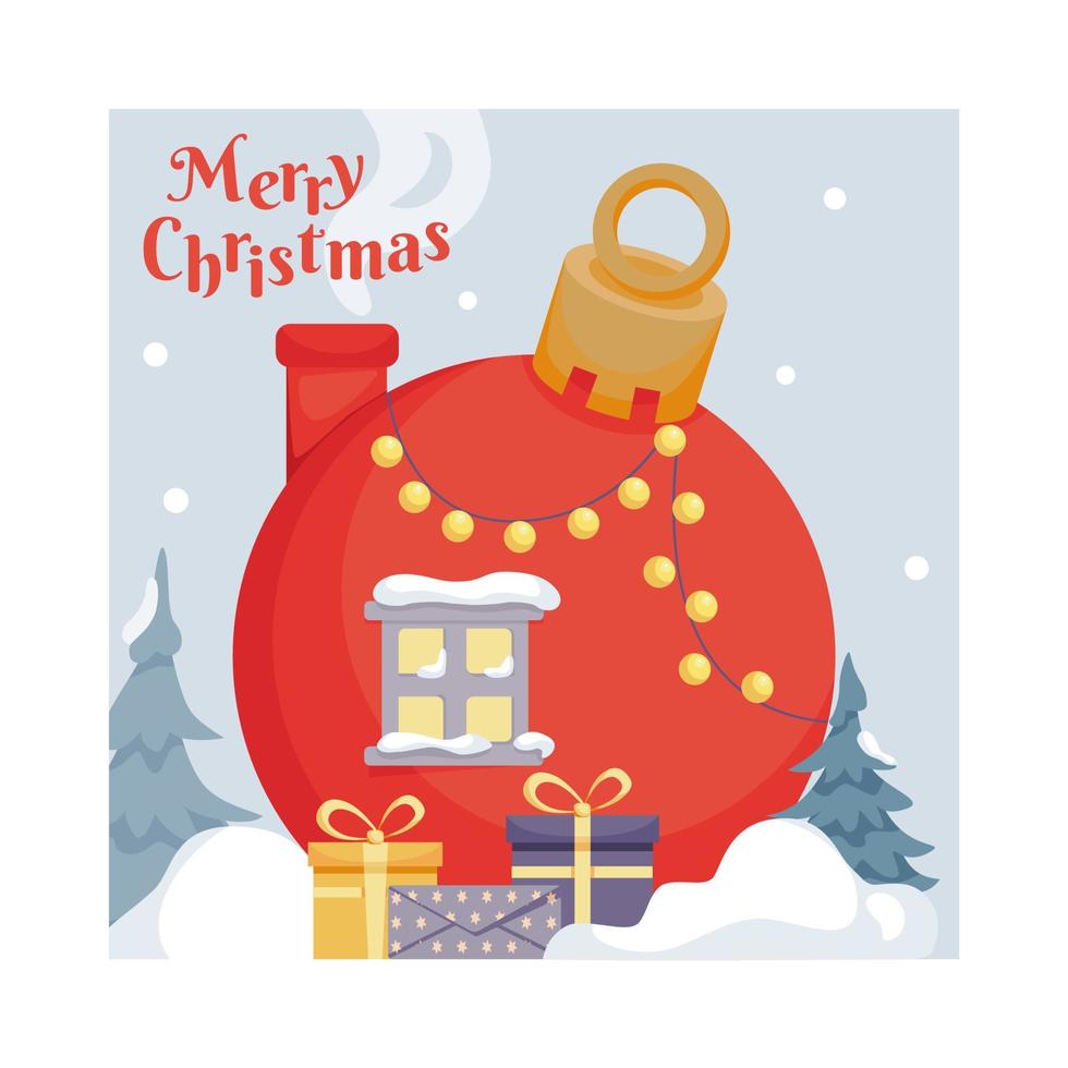 vrolijk Kerstmis groet kaart met groot Kerstmis boom speelgoed- in winter Woud. magisch huis, winter landschap, Woud, bomen in sneeuw. vector tekenfilm illustratie