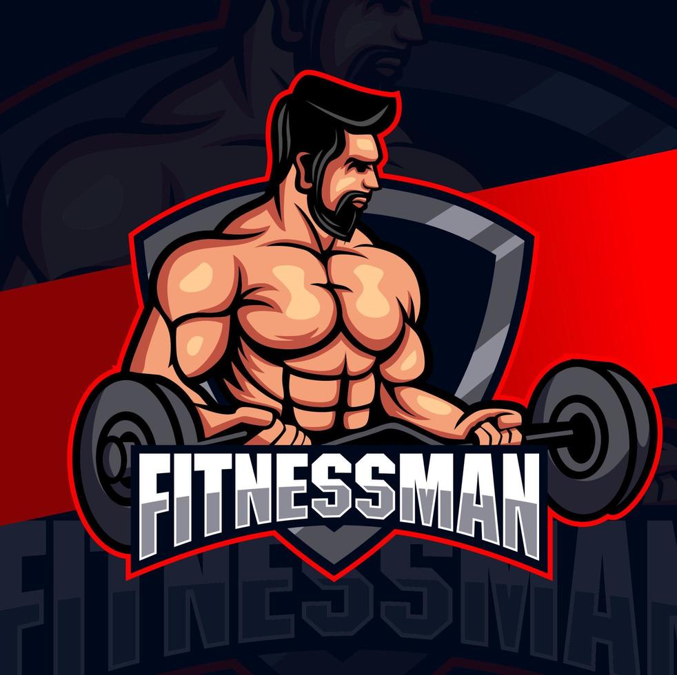 geschiktheid Mens met sterk spier en barbell mascotte logo concept voor geschiktheid en sport bedrijf ontwerp vector