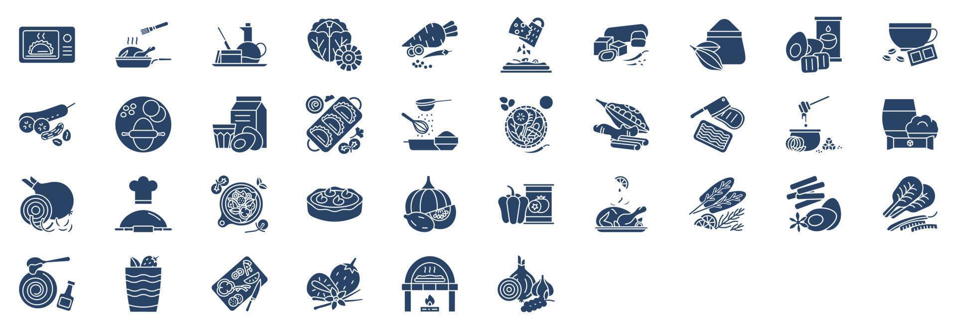 verzameling van pictogrammen verwant naar recepten en ingrediënten, inclusief pictogrammen Leuk vinden bakken, koffie, pompoen taart, pizza en meer. vector illustraties, pixel perfect reeks